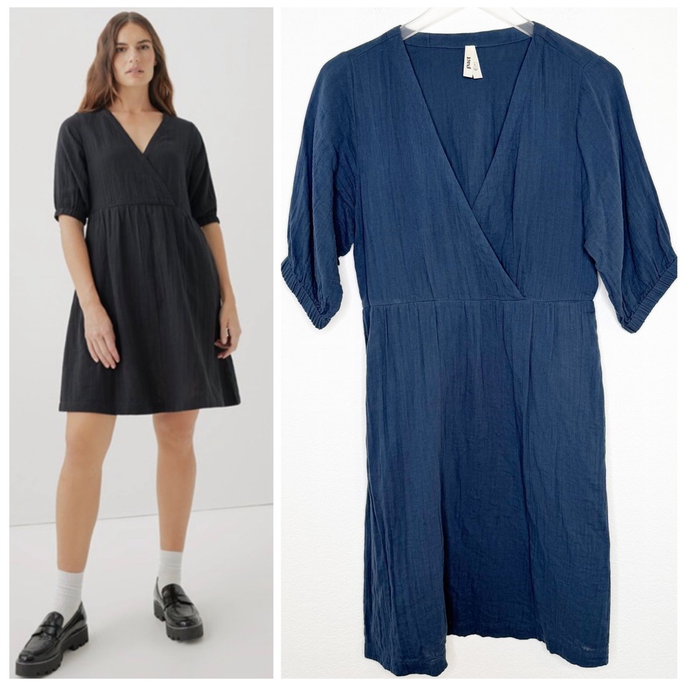 Pact Organic Cotton Gauze Wrap Dress Size Small Blue Short Sleeve V-Neck Coastal